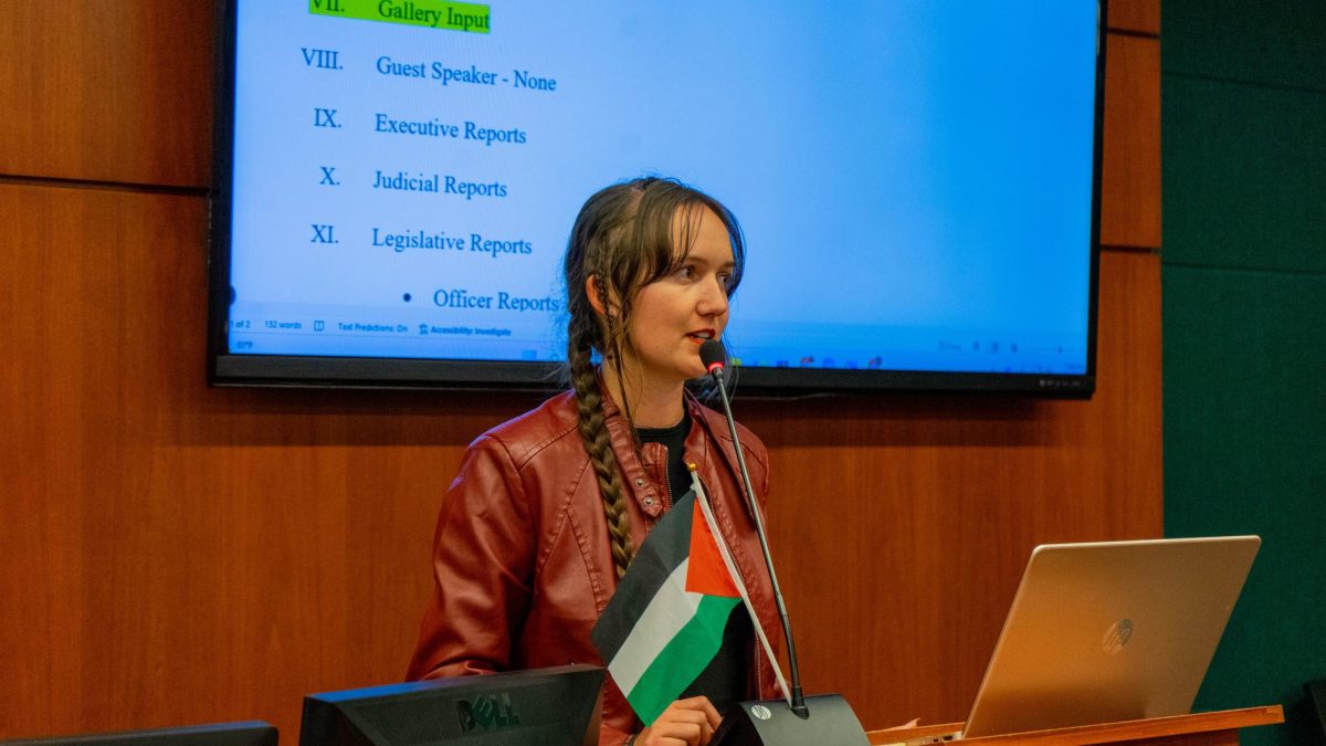 Amber Wright speaks during ASCSU senate gallery input on Oct. 8. "We see that this is an attempt by the administration, the CSU administration, to comply in advance with our fascist and authoritarian federal government, because they are afraid of losing federal funding," said Wright. "Well, to them, I say we are going to lose that funding anyway."