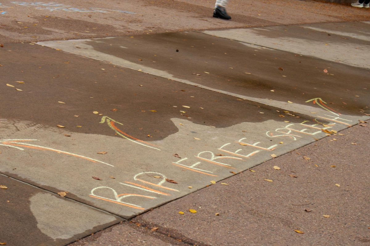 Amber Wright's chalking around puddles of former messages on The Plaza Oct. 8. The original messages were power-washed away as part of the 2025 Colorado State University free speech policy, which was rescinded the following day. 