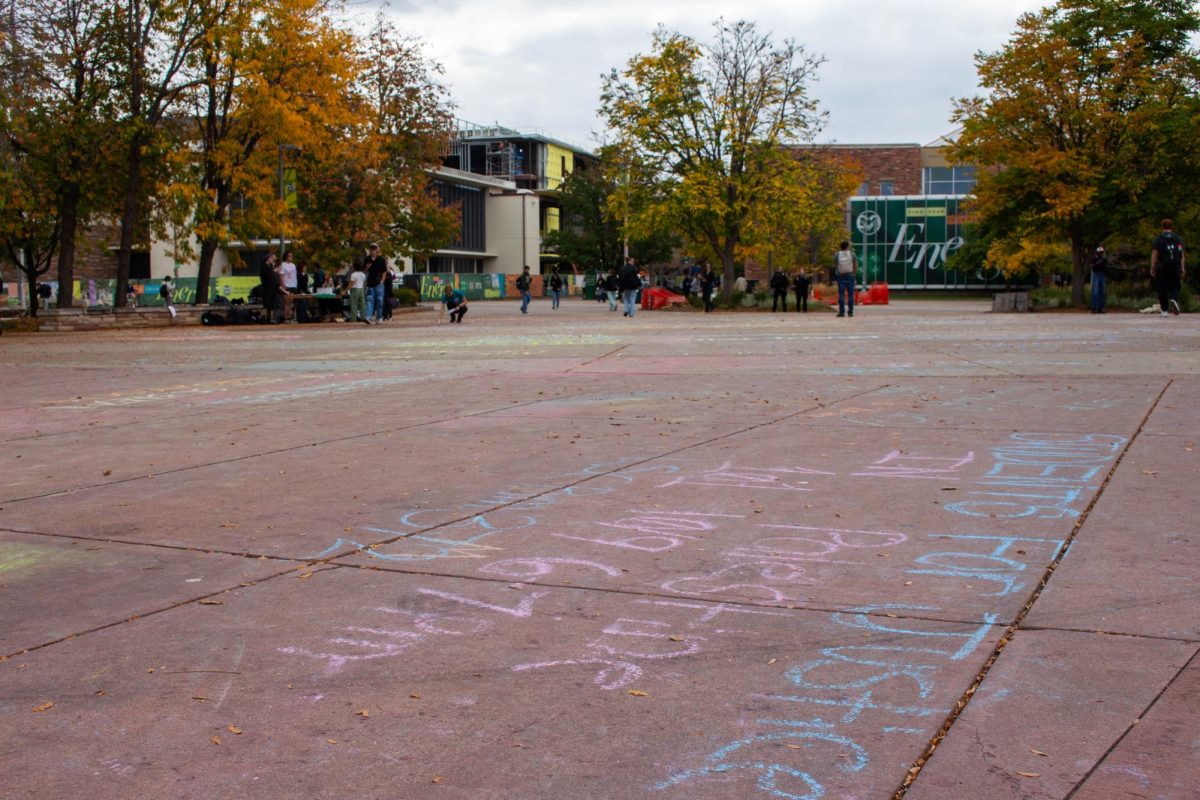 Students walk past the remnants of removed chalked messages on The Plaza Oct 7. Chalk messages were erased per a 2025 free speech policy update. 