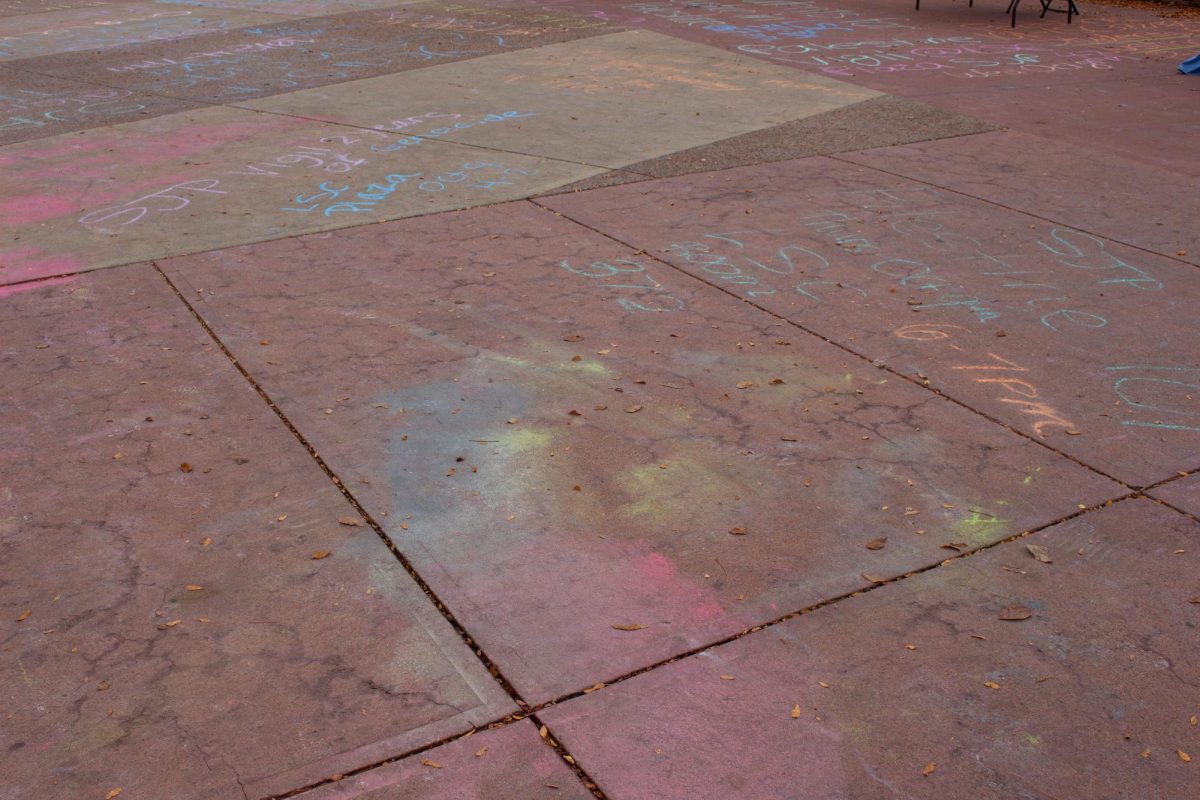 Students walk past the remnants of removed chalked messages on The Plaza Oct 7. Chalk messages were erased per a 2025 free speech policy update. 