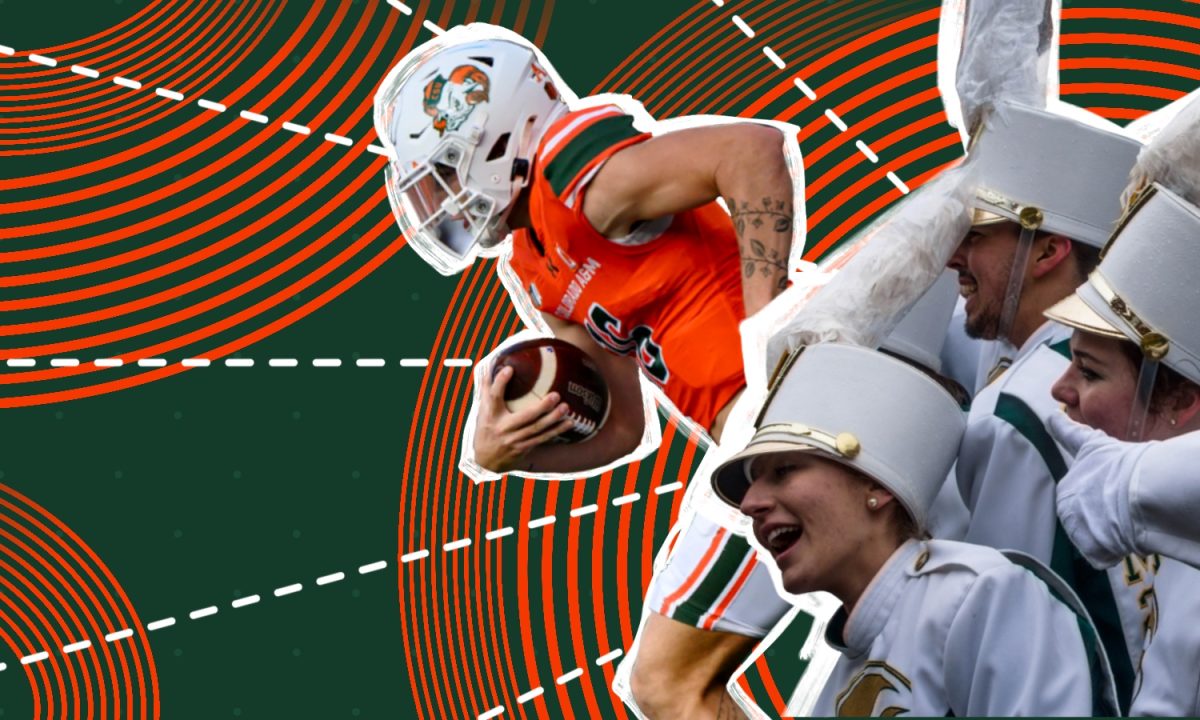 Image of a football player and band members.