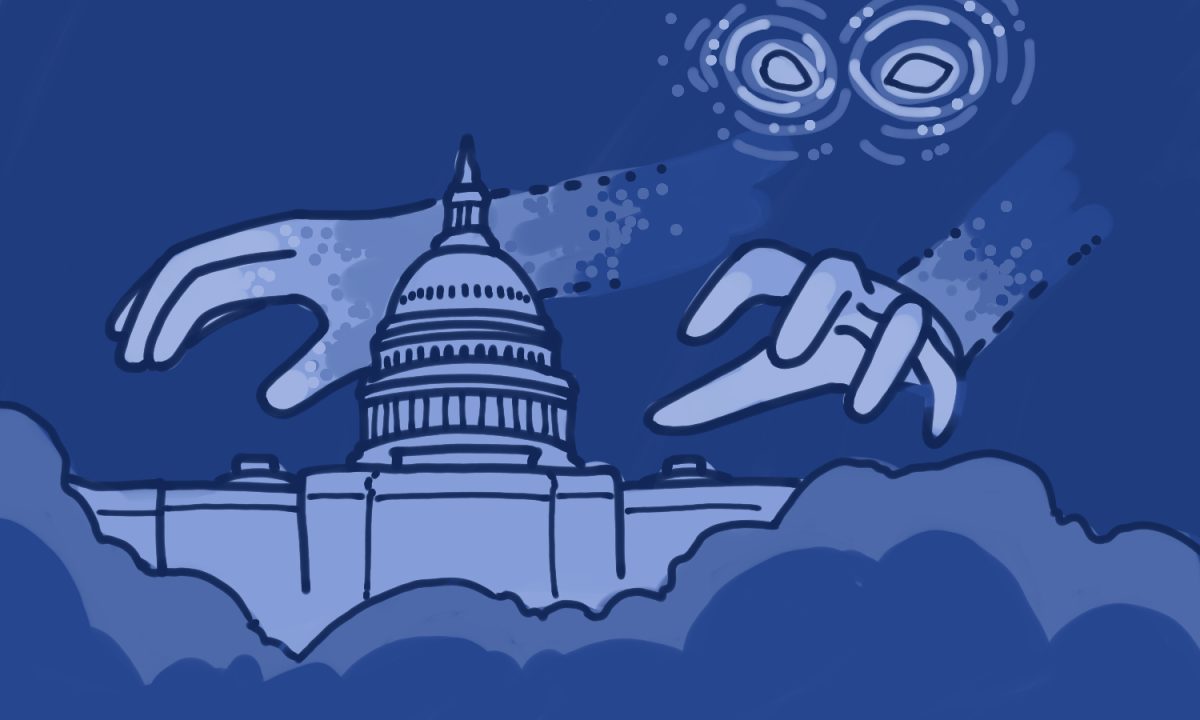 Illustration of two hands coming out of the sky, reaching for the United States Capitol.