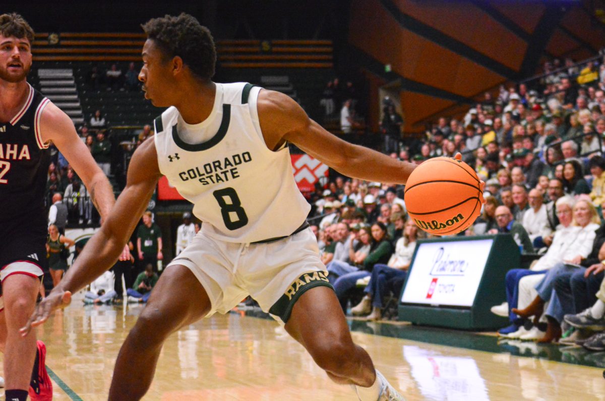 Jojo McIver (8) dribbled the ball during a play against Omaha Nov. 9. McIver helped his teammates defeat Omaha 97-74.