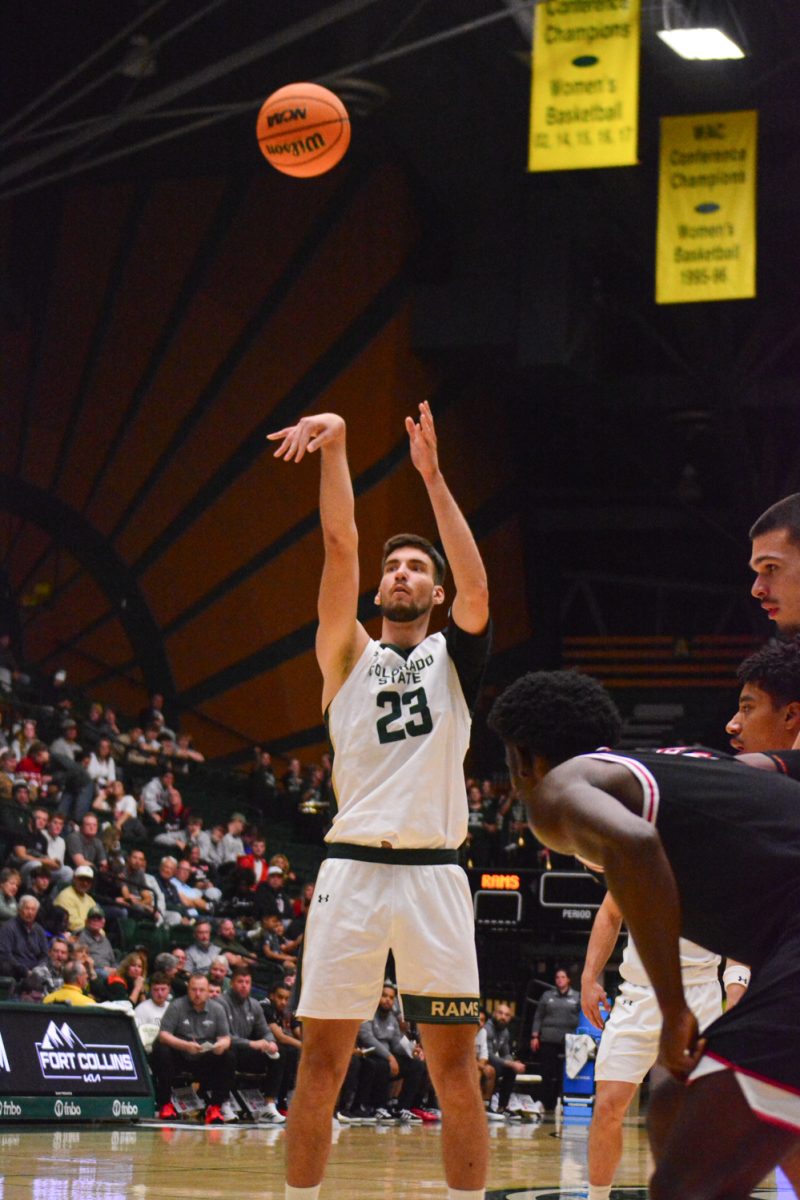 Nikola Djapa (23) shooting a free throw and scoring his team two points Nov. 9. Colorado State University played against Omaha and was victorious with a score of 97-74. 