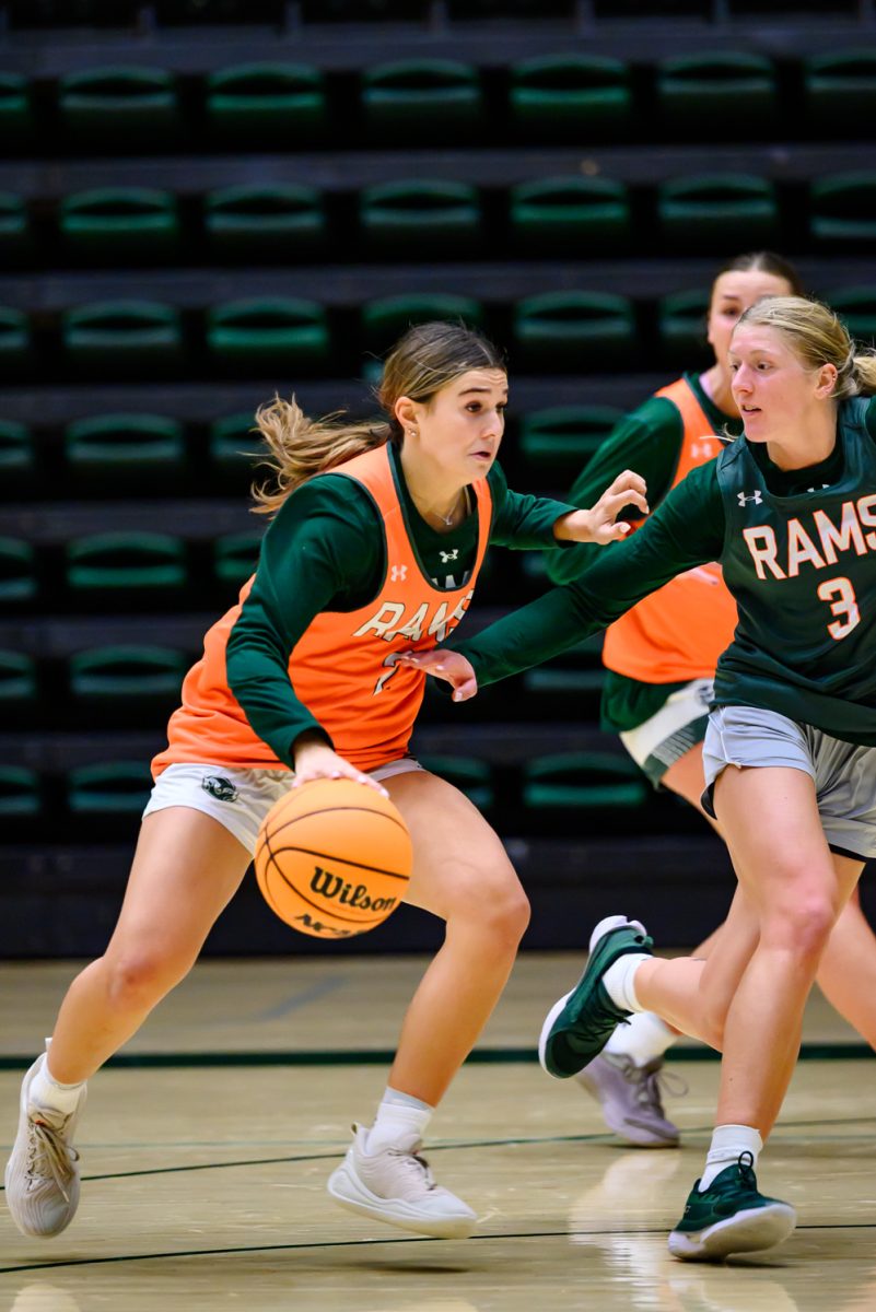 Colorado Staet University women's basketball guard Brooke Carlson (2) makes an offensive play against guard Lexus Bargesser (3) during a practice drill Nov. 19.