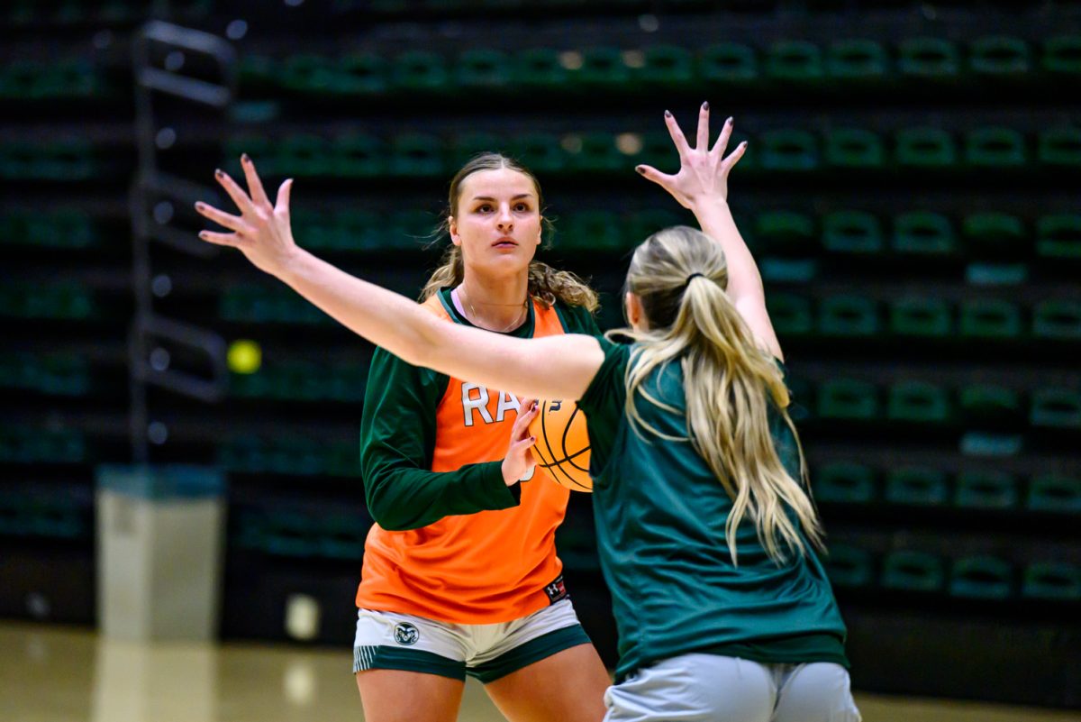 Colorado State University women's basketball forward JMadelyn Bragg (0) lines up a shot during a practice drill Nov. 19.