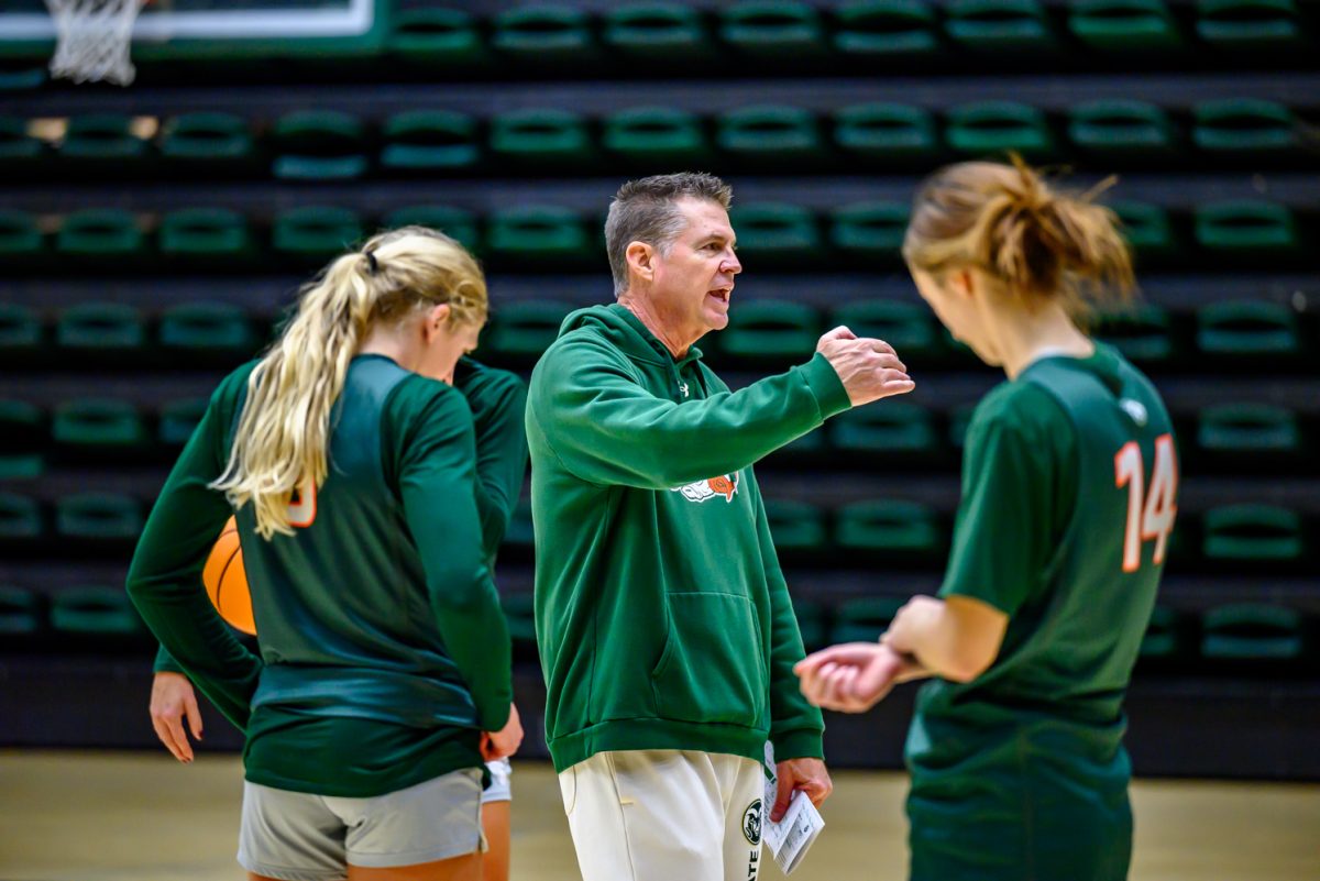Colorado State University women's basketball coach Ryun Williams talks to players in between practice drills Nov. 19.
