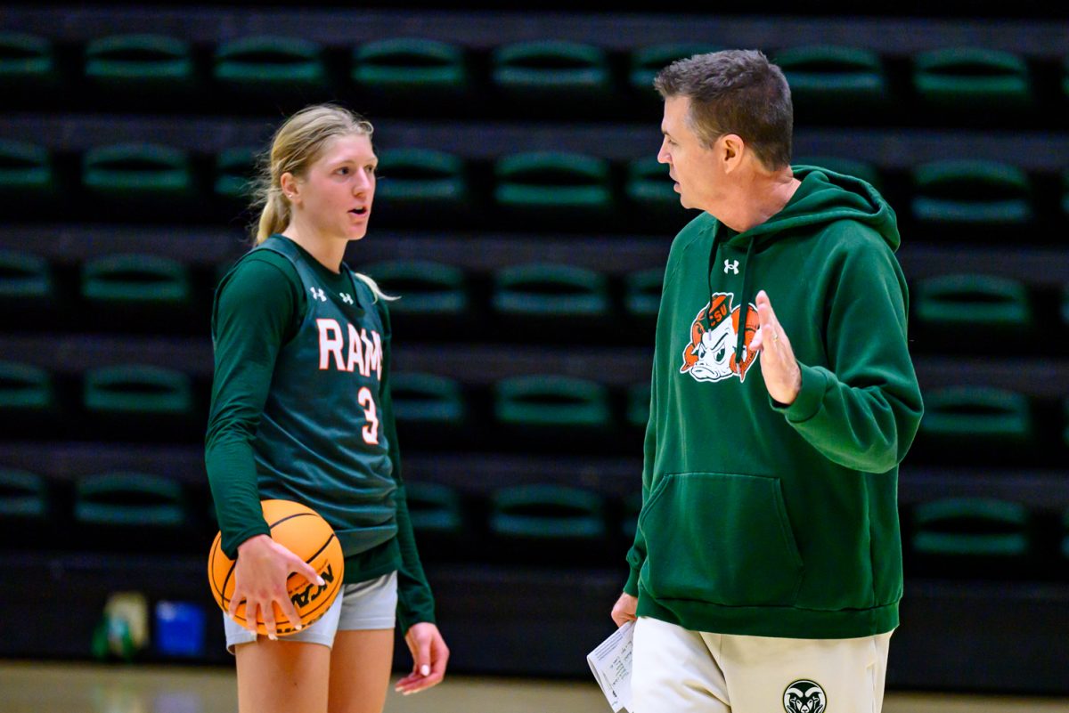 Colorado State University women's basketball coach Ryun Williams tells guard Lexus Bargesser (3) to try something different during practice Nov. 19.
