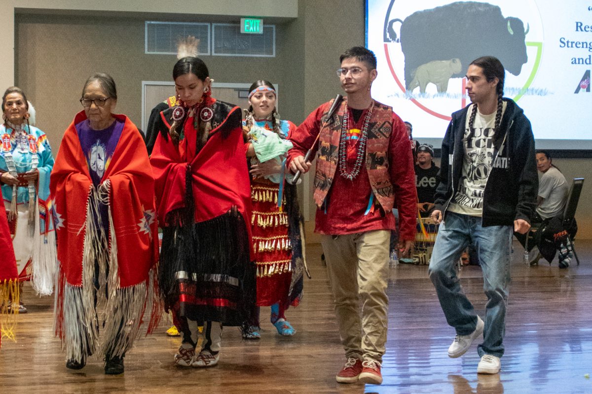 Attendees participate in intertribal dance during the American Indian Science and Engineering Society Powwow Nov 1. The Powwow is the 41st in Colorado State University history.
