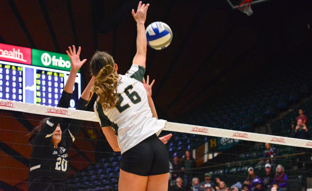 Maria Brun spikes the ball to gain one point for Colorado State University Nov. 20. Maria and her teammates defeated Grand Canyon 3-1. 