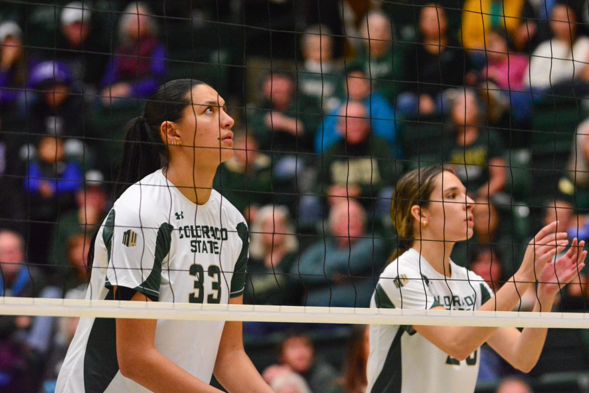 Kekua Richards and Maria Bru stood ready at the net preparing for the Grand Canyon players serve Nov. 20. Colorado State University defeated Grand Canyon 3-1. 