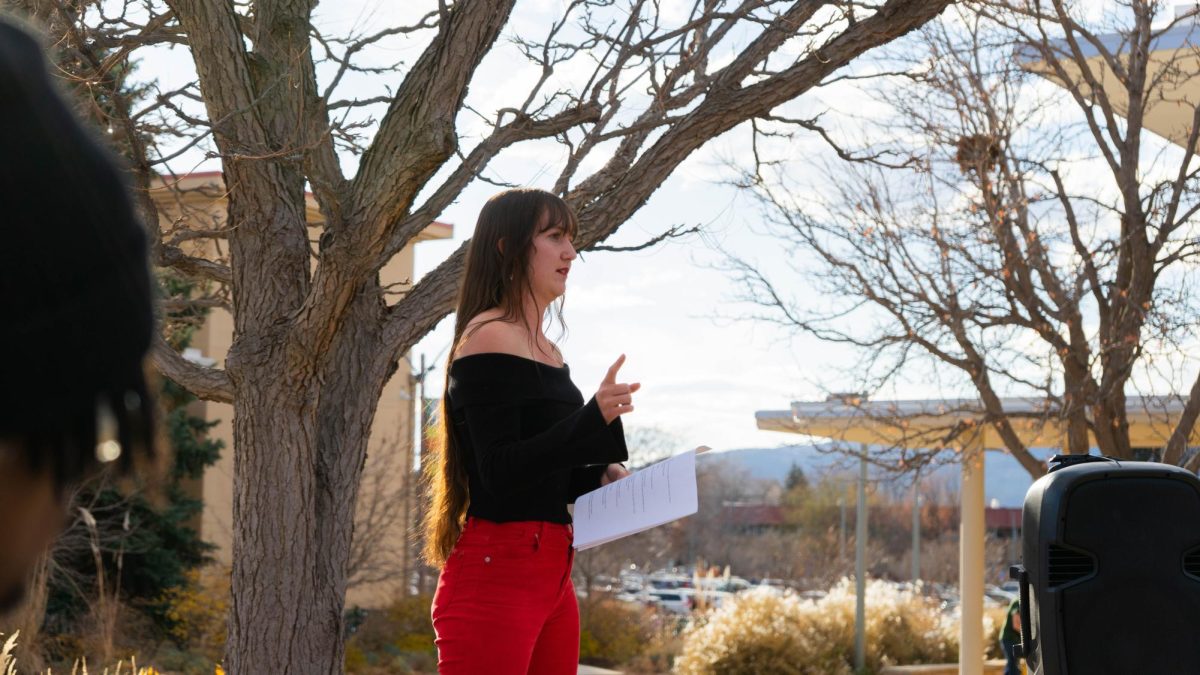 Colorado State University student Amber Wright delivers remarks at the Mass Student Assembly on The Plaza Nov. 19. The assembly was held by The United Front, a collaboration of Students for Justice Palestine, CSU Young Democratic Socialists of America, CSU Students for Emancipation and Social Liberation and The People United CSU and CSU Young Dems. 