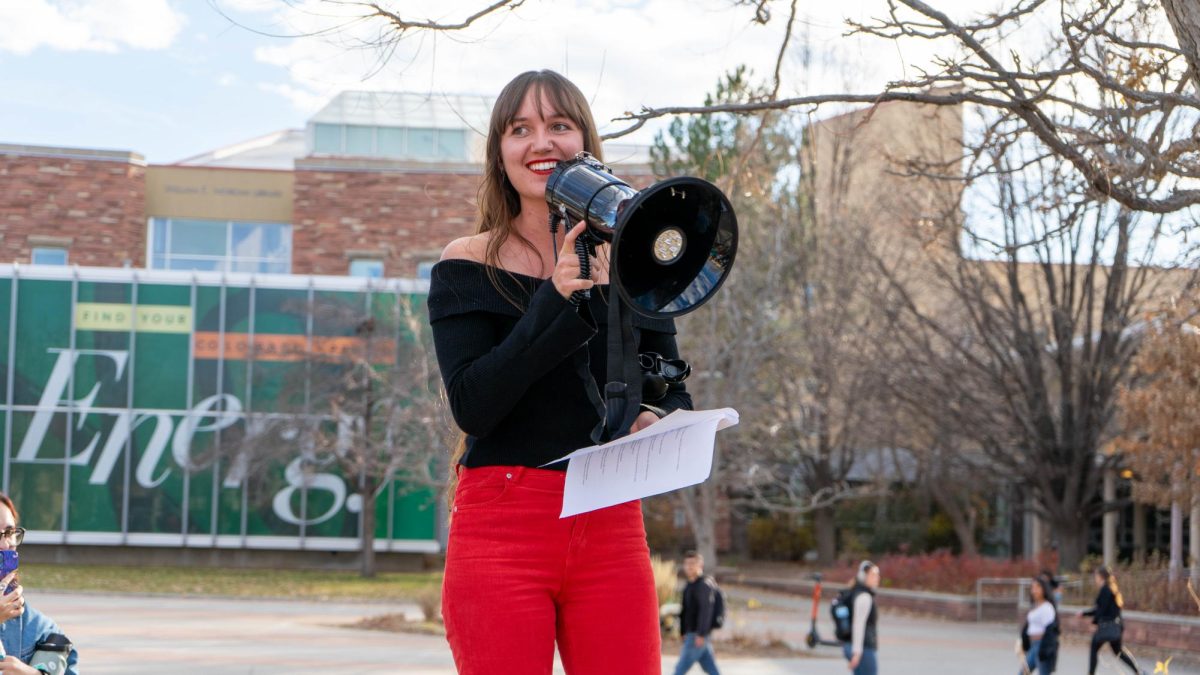 Colorado State University student Amber Wright delivers remarks at the Mass Student Assembly on The Plaza Nov. 19. The assembly was held by The United Front, a collaboration of Students for Justice Palestine, CSU Young Democratic Socialists of America, CSU Students for Emancipation and Social Liberation and The People United CSU and CSU Young Dems. 