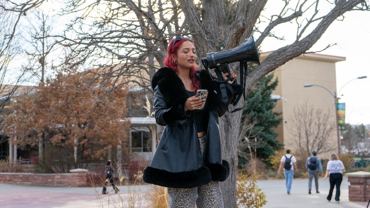 Sophia Johnson, co chair for Students for Justice, Palestine at The Mass Student Assembly on The Plaza Nov. 19. The assembly was held by The United Front, a collaboration of Students for Justice Palestine, CSU Young Democratic Socialists of America, CSU Students for Emancipation and Social Liberation and The People United CSU and CSU Young Dems. The protest called for revised free speech policies, freedom in Palestine, and resistance from CSU against current federal directives. 