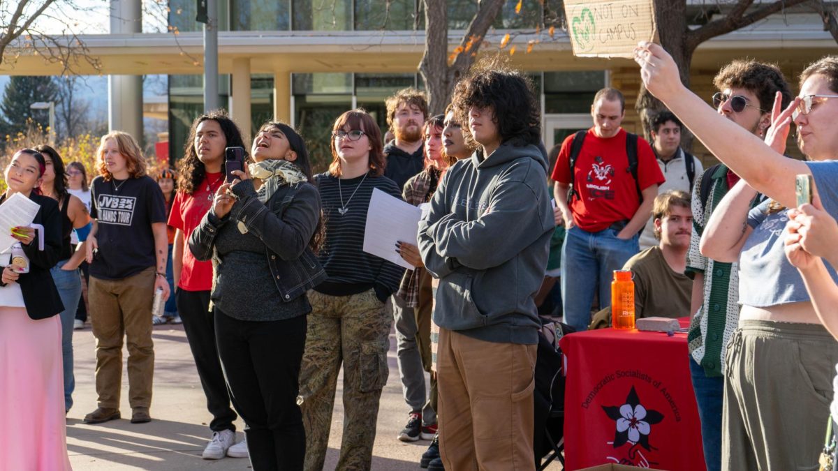 CSU students respond to call-and-response chants at The Mass Student Assembly on The Plaza Nov. 19. The assembly was held by The United Front, a collaboration of Students for Justice Palestine, CSU Young Democratic Socialists of America, CSU Students for Emancipation and Social Liberation and The People United CSU and CSU Young Dems. The protest called for revised free speech policies, freedom in Palestine, and resistance from CSU against current federal directives. 