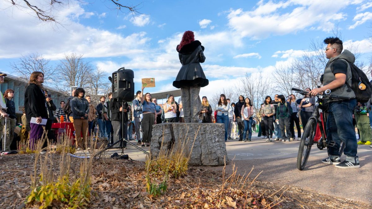 CSU students respond to call-and-response chants at The Mass Student Assembly on The Plaza Nov. 19. The assembly was held by The United Front, a collaboration of Students for Justice Palestine, CSU Young Democratic Socialists of America, CSU Students for Emancipation and Social Liberation and The People United CSU and CSU Young Dems. The protest called for revised free speech policies, freedom in Palestine, and resistance from CSU against current federal directives. 