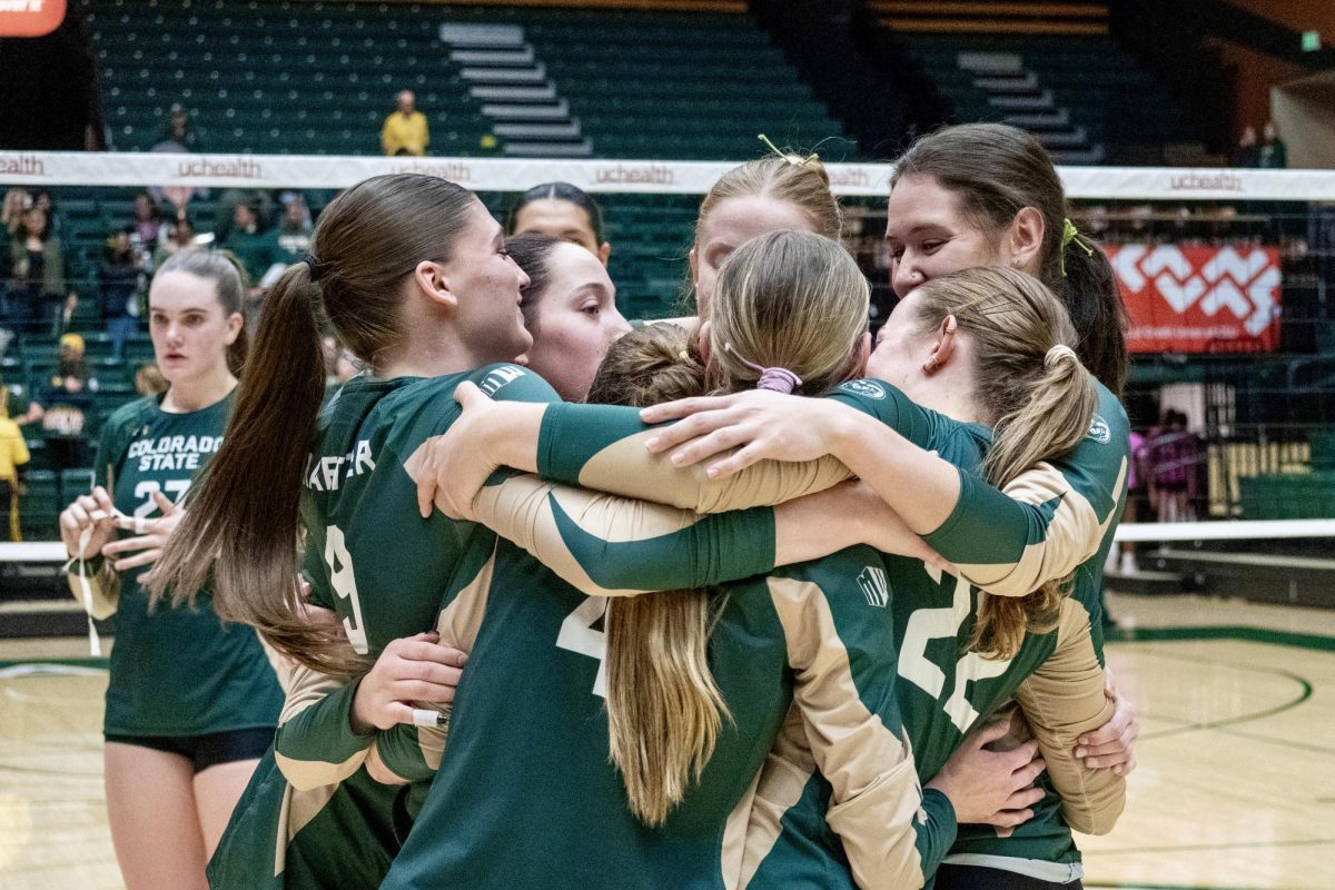 The players for Colorado State University volleyball embrace some of the graduating seniors after the Rams won their Senior Day match against the University of New Mexico Nov. 22. CSU's next match is against San Diego State in the Mountain West Tournament.