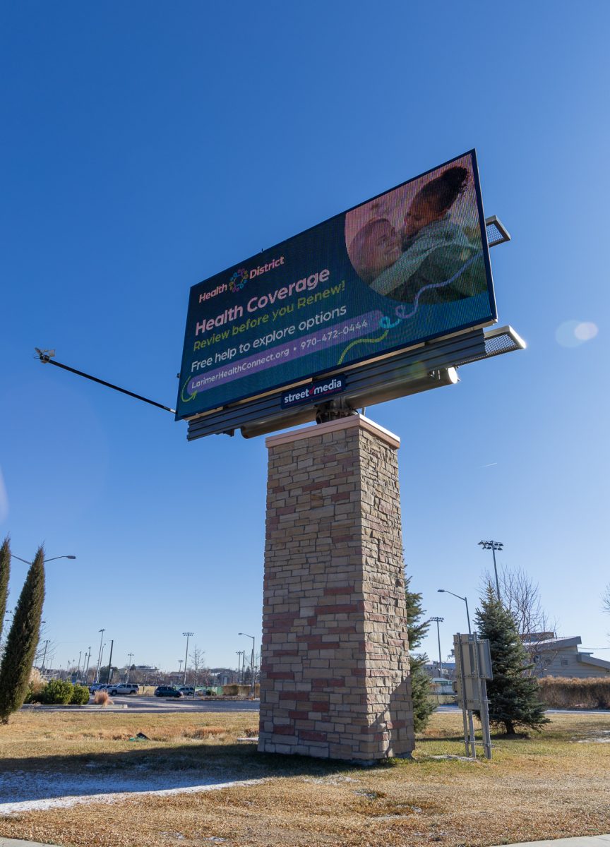 A new digital billboard stands on the corner of Shields and Elizabeth, just outside of Moby Arena. Dec. 1. Colorado State has decided to put up 12 new digital billboards throughout the Fort Collins Campus, four inside campus and eight to be placed around the perimiter of campus.