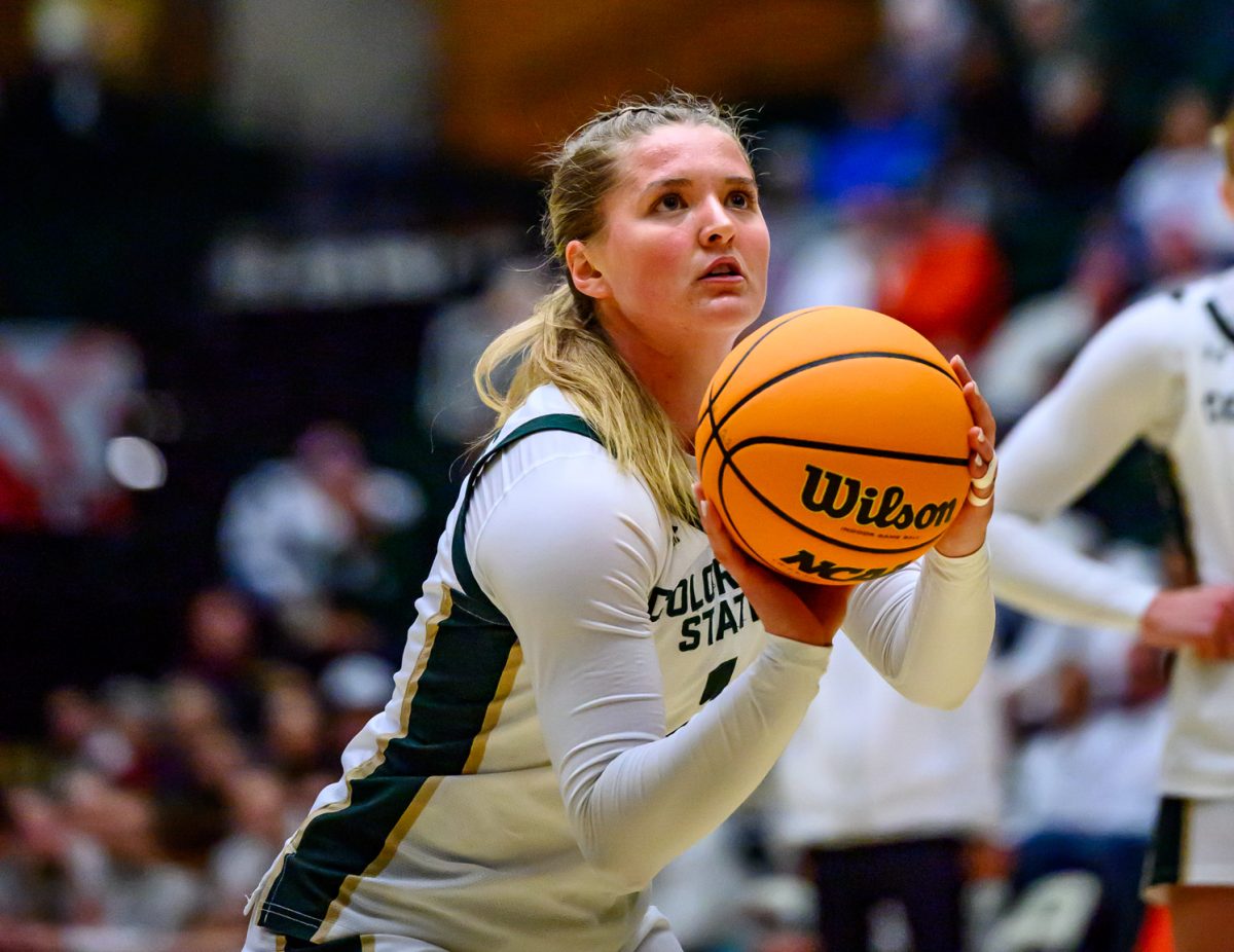 Colorado State University women's basketball guard 
Kloe Froebe (1) lines up a free throw shot during CSU's game against the University of Utah Dec. 4. Froebe put seven points on the board through the game.