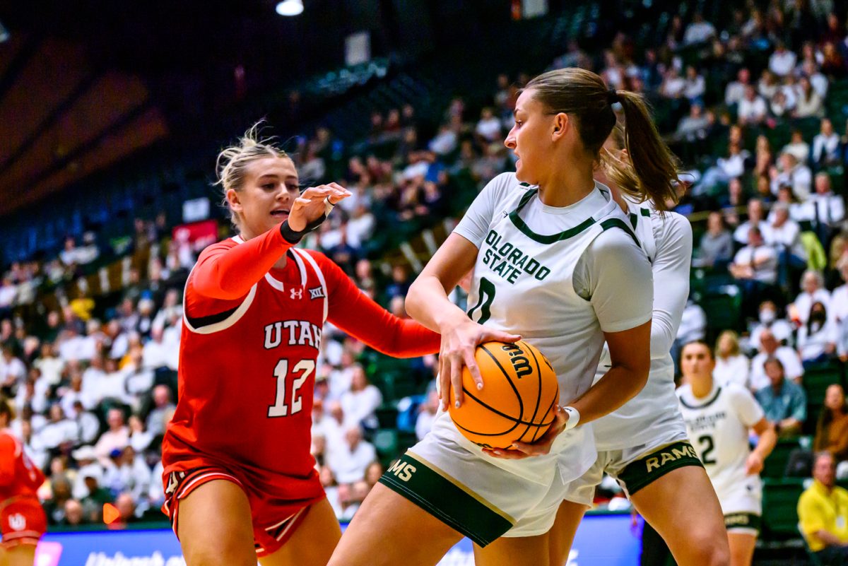 Colorado State University women's basketball forward Madelyn Bragg (0) guards the ball against University of Utah forward Chyra Evans (12) during CSU's game against UU Dec. 4.
