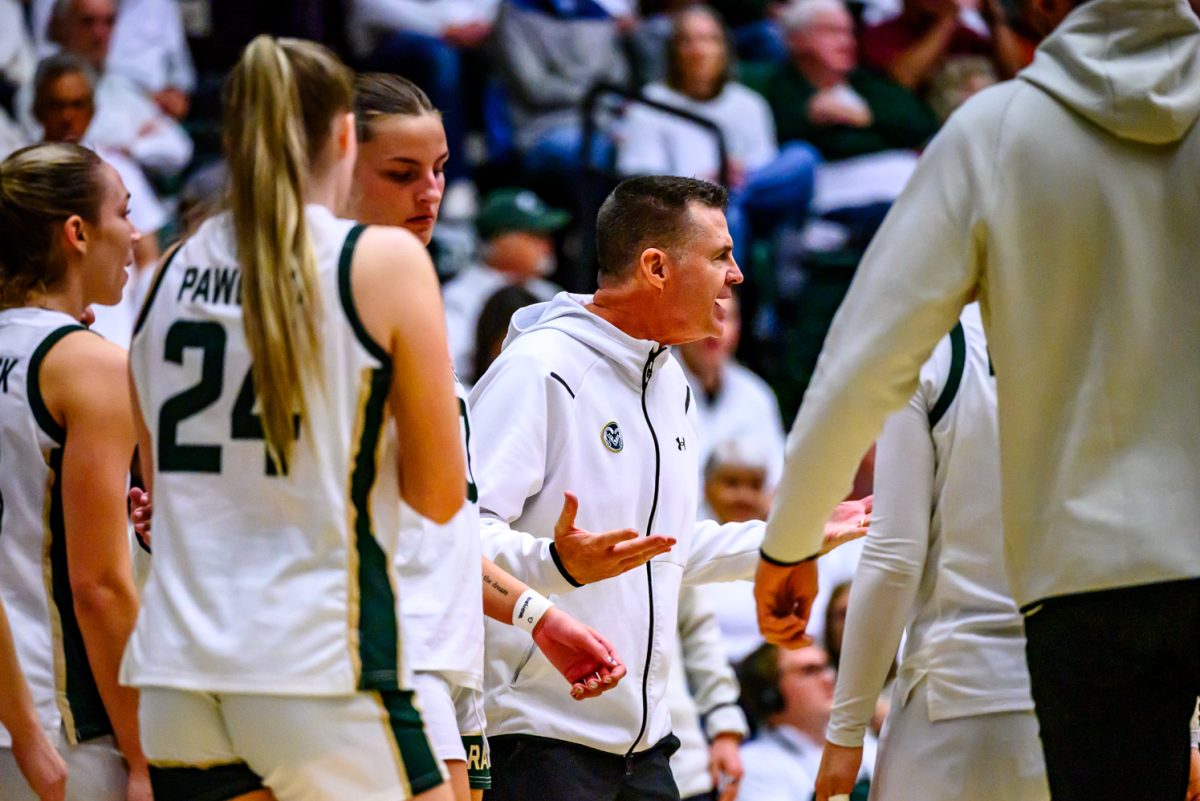 Colorado State University women's basketball head coach Ryun Williams talks the team through plays during a timeout in the second half of CSU's game against the University of Utah Dec. 4. CSU lost 70-58.
