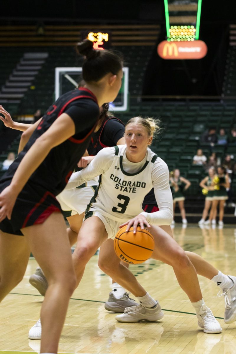Senior Lexus Bargesser (3), a guard for Colorado State University, dribbles the ball in game against Southern Utah. CSU played in Moby Arena and won 70-47 Dec. 7.