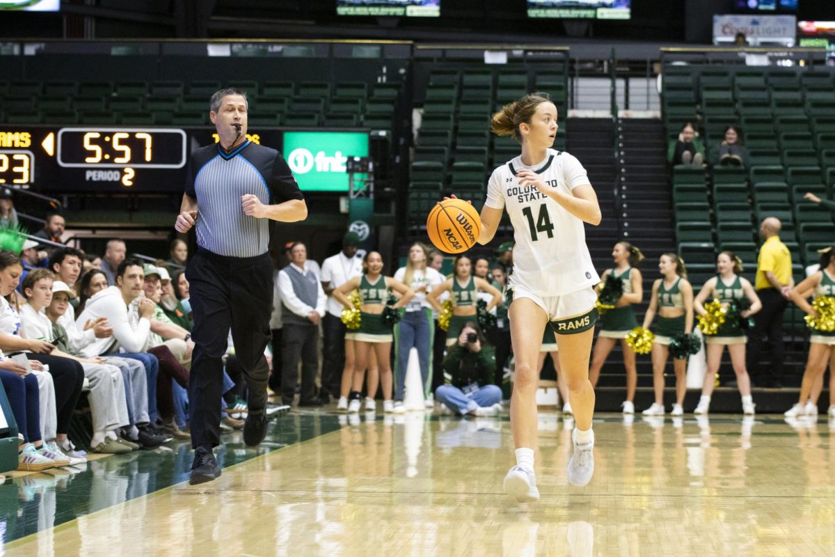Senior Marta Leimane (14), a guard for Colorado State University, dribbles the ball in game against Southern Utah. CSU played in Moby Arena and won 70-47 Dec. 7.
