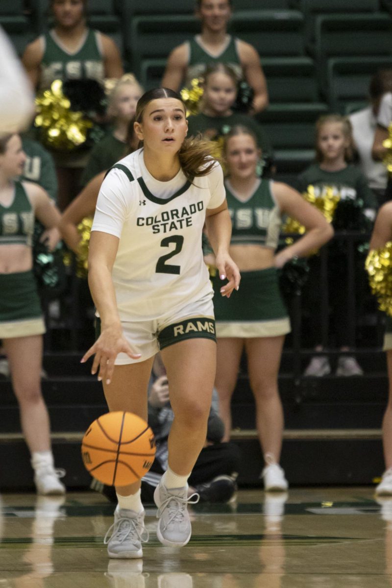 Sophomore Brooke Carlson (2), a guard for Colorado State University, dribbles the ball in game against Southern Utah. CSU played in Moby Arena and won 70-47 Dec. 7.