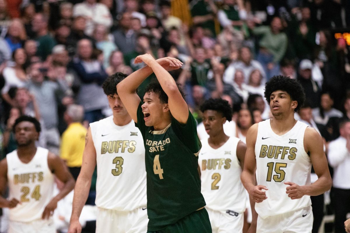 Colorado State University men's basketball guard Jase Butler (4) celebrates CSU's win against the University of Colorado Boulder Dec. 6. Butler put 10 points on the board during the game. 