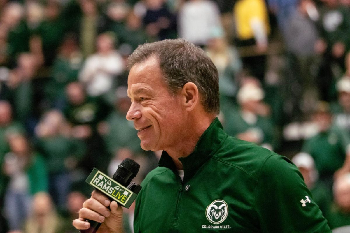 Colorado State University head football coach Jim Mora gives an upbeat speech during halftime at the men's basketball Rocky Mountain Showdown Dec. 6, 2025. Mora was announced as the new head coach of the football program after previous head coach Jay Norvell was let go mid-season. 