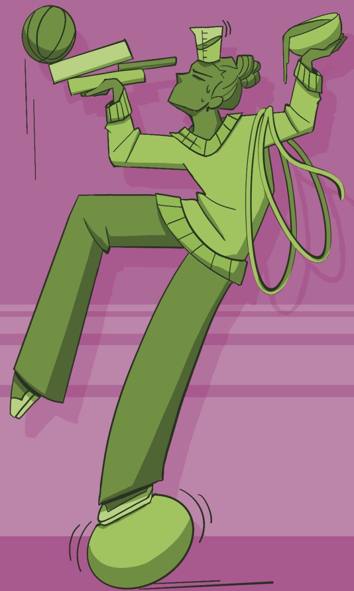 Illustration of a woman juggling textbooks, a bowl, and a basketball in her hands while standing on a ball.