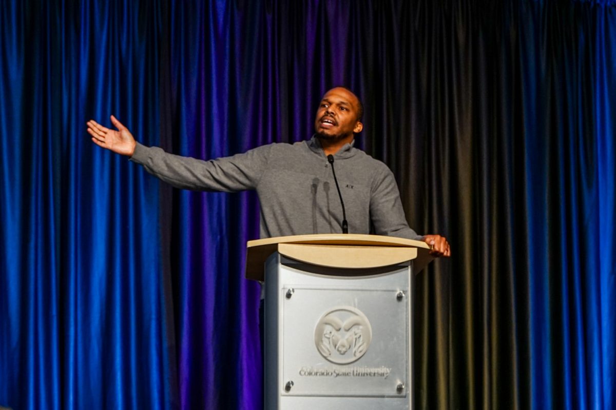 Rickey Frierson, assistant vice president for strategic student success initiatives at Colorado State University, delivers the closing address at the Martin Luther King Jr. Day celebration at Colorado State University Jan. 19. The celebration included speeches and community events in the Lory Student Center.