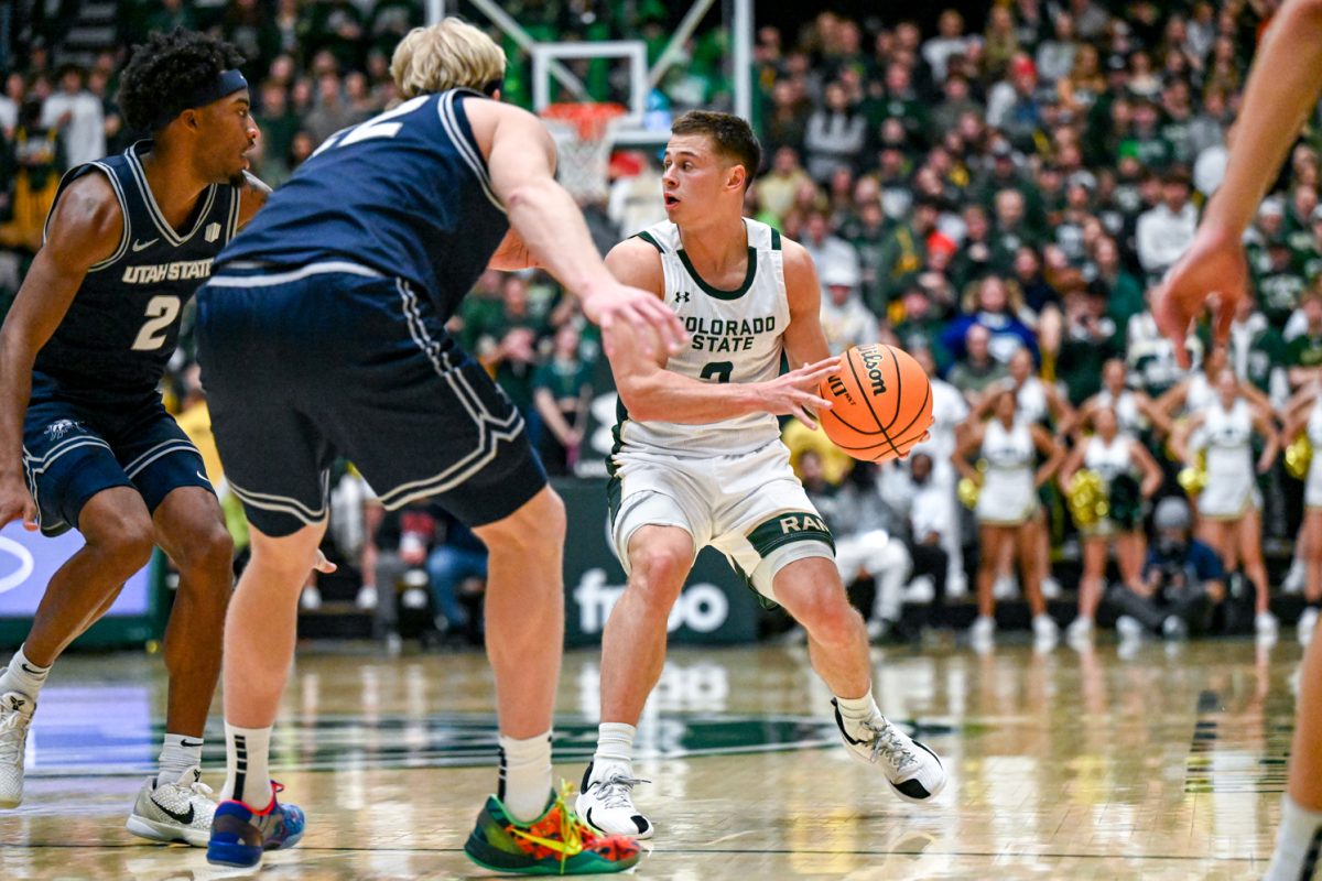 Colorado State University men's basketball guard Brandon Rechsteiner (2) faces pressure from Utah State University's defense Jan. 23.