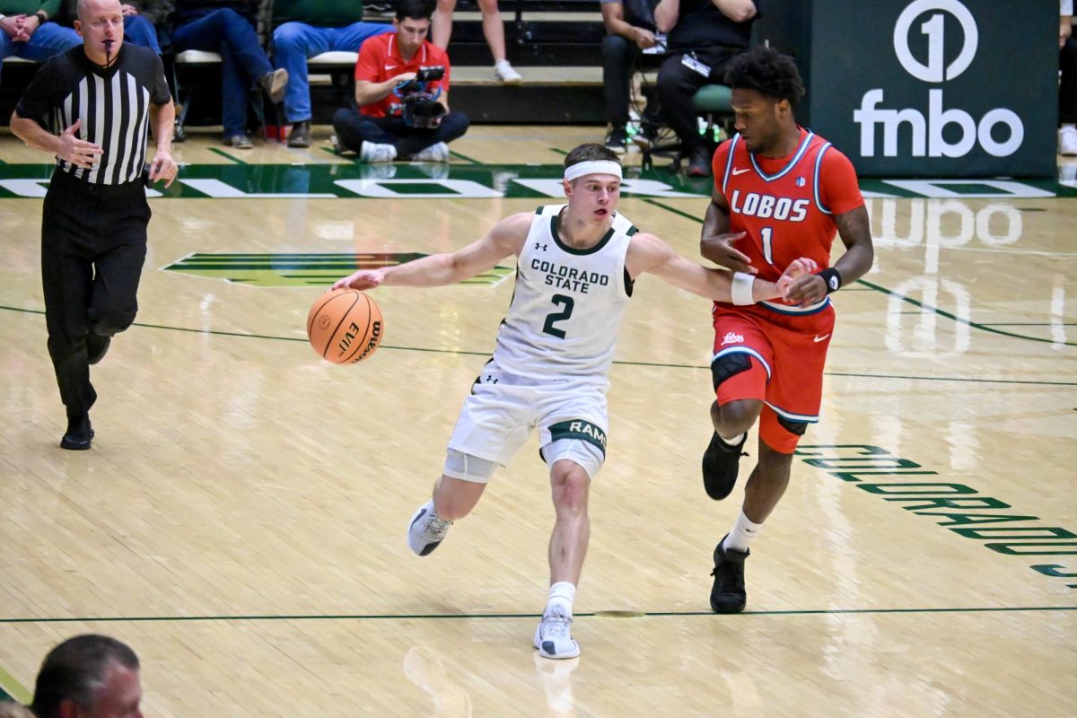 Brandon Rechsteiner finds his way past a University of New Mexico defender in Colorado State University's home game against the Lobos Jan. 6. CSU lost 80-70.