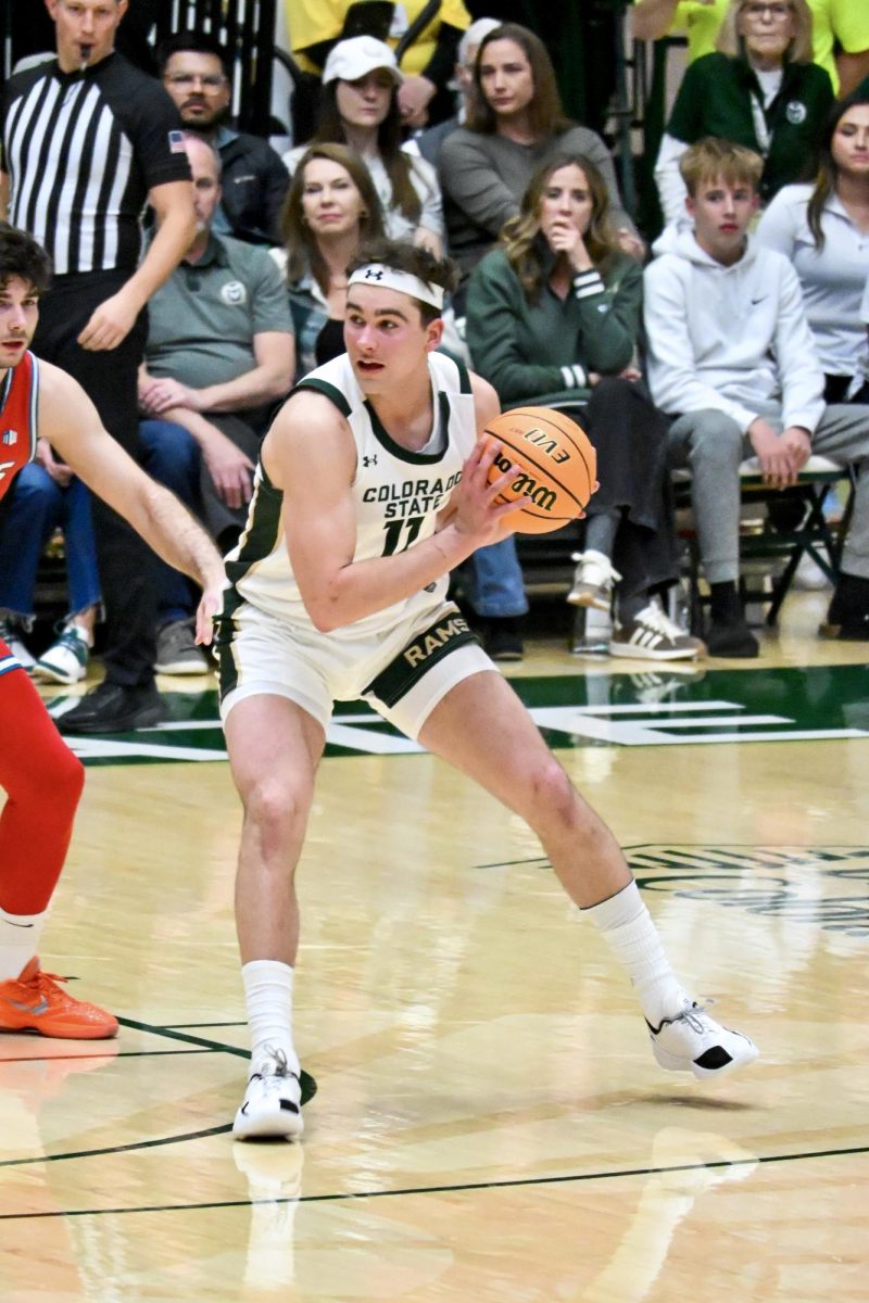 Augustinas Kiudulas looks to pass the ball to his teammate in Colorado State University's home game against the University of New Mexico Jan. 6. CSU lost 80-70.