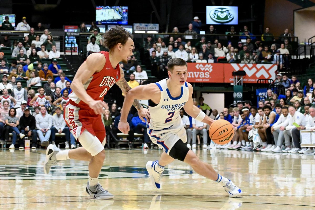 Brandon Rechsteiner (2) works his way down the court in Colorado State University’s state pride game against UNLV Jan. 9. CSU won 70-62.