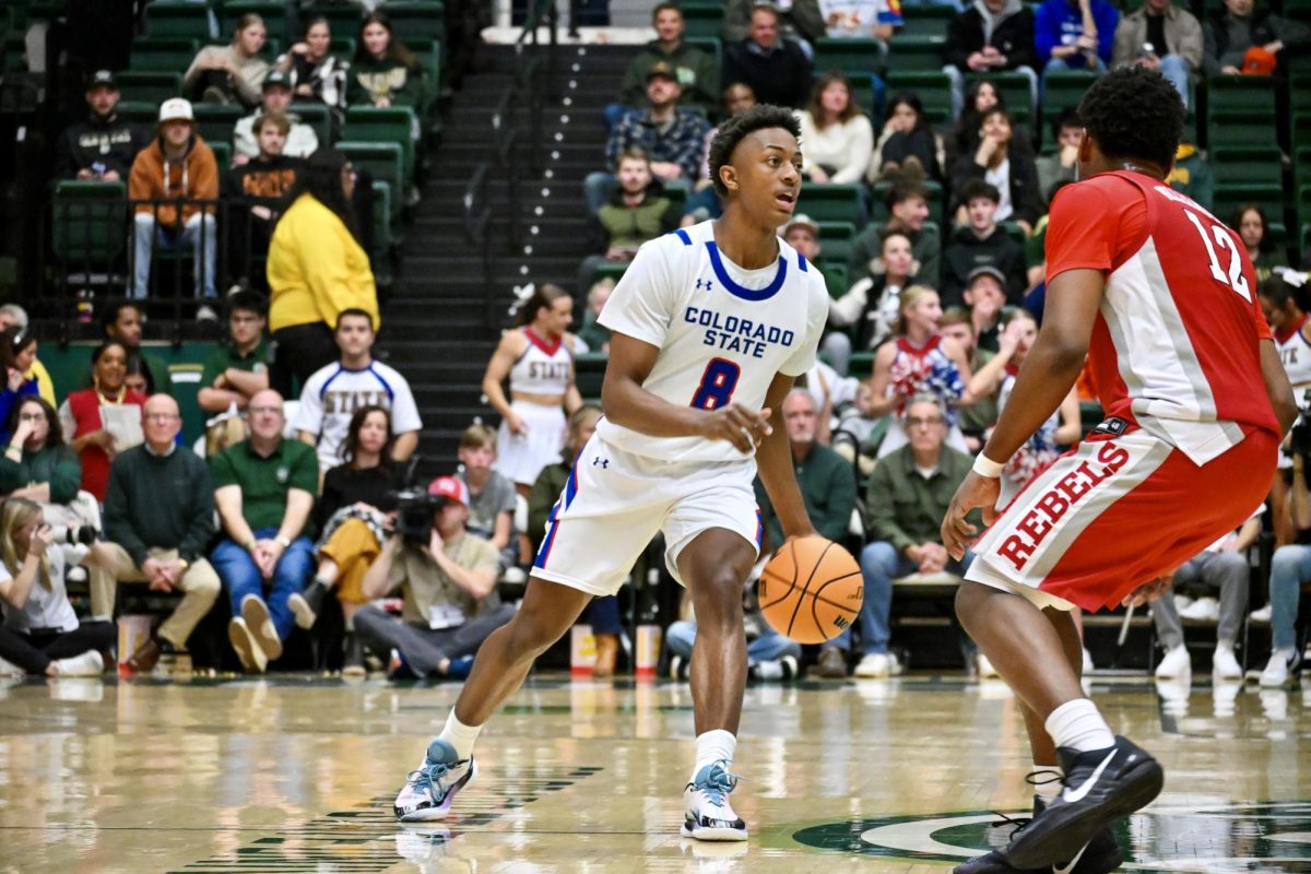 Jojo McIver (8) looks for his teammate in Colorado State University’s state pride game against UNLV Jan. 9. CSU won 70-62.