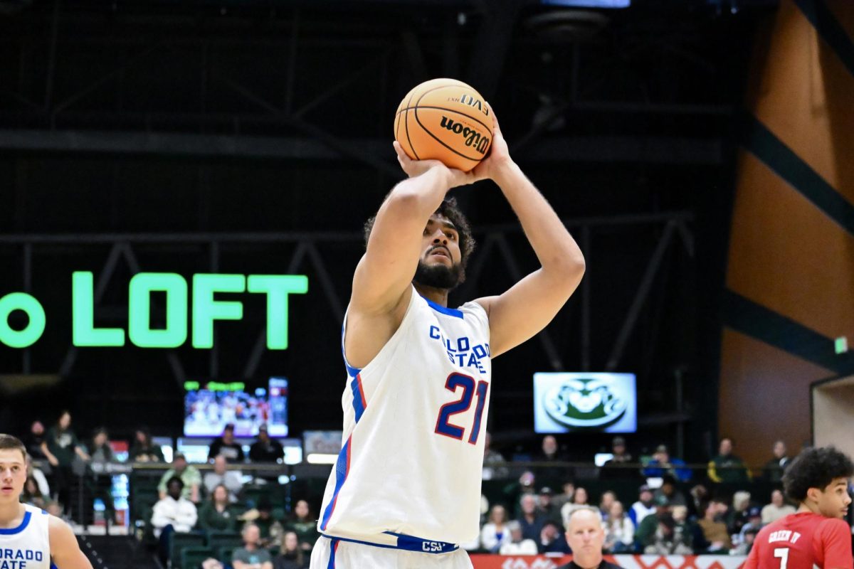 Rashaan Mbemba (21) prepares to shoot a free throw in Colorado State University’s state pride game against UNLV Jan. 9. CSU won 70-62.