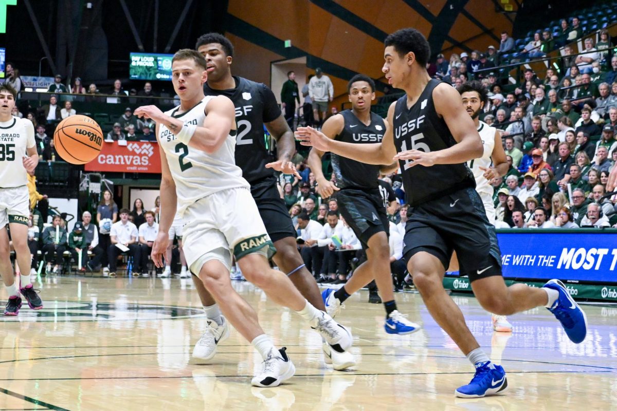 Brandon Rechsteiner (2) works his way past Air Force defenders in Colorado State University’s home game against the Falcons Jan. 20. CSU won 81-52.