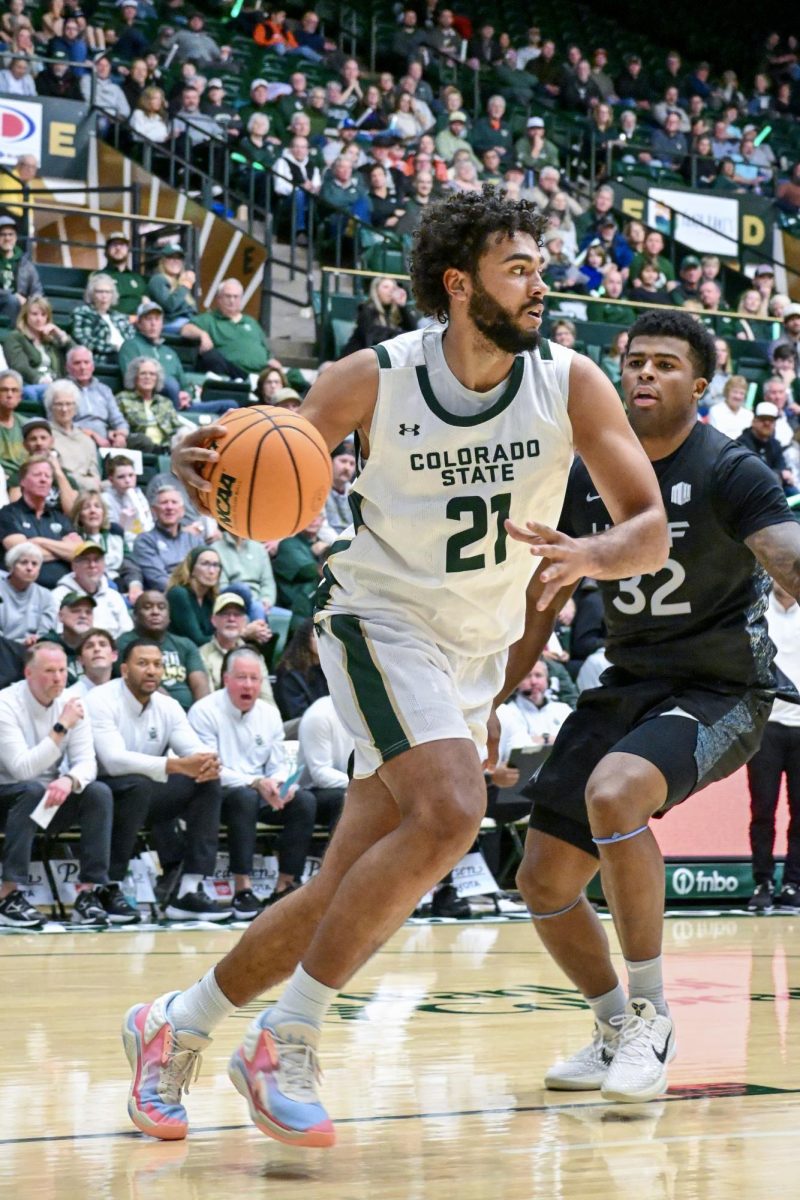 Rashaan Mbemba (21) looks to pass the ball to his teammate in Colorado State University’s home game against Air Force Jan. 20. CSU won 81-52. 