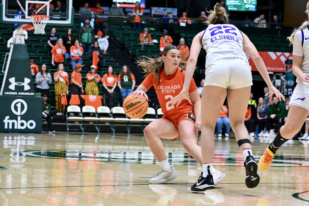 Brooke Carlson (2) works through Grand Canyon University’s defenders in Colorado State University’s home game against GCU Jan. 21. CSU won 67-50.