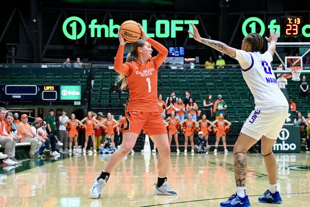 Kloe Froebe (1) looks to pass the ball to a teammate in Colorado State University’s home game against Grand Canyon University Jan. 21. CSU won 67-50.