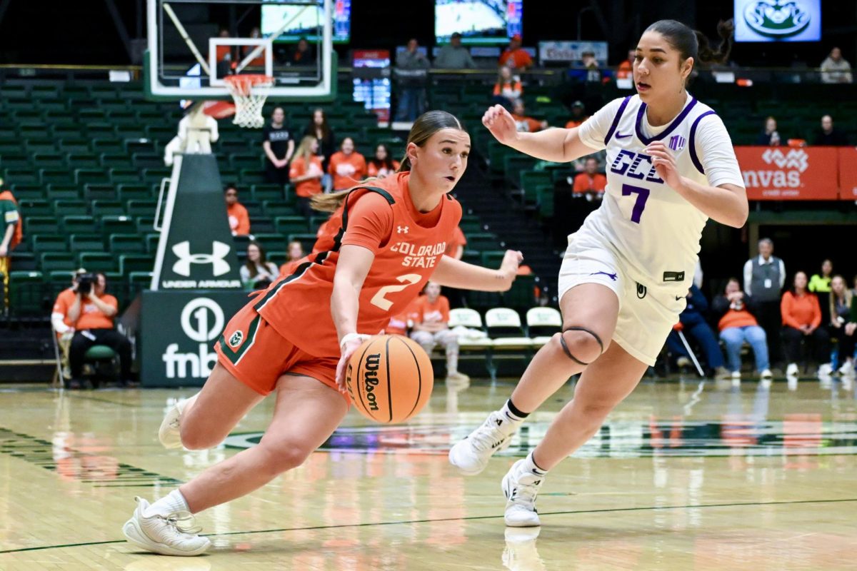 Brooke Carlson (2) rushes past a Grand Canyon University defender in Colorado State University’s home game against GCU Jan. 21. CSU won 67-50.
