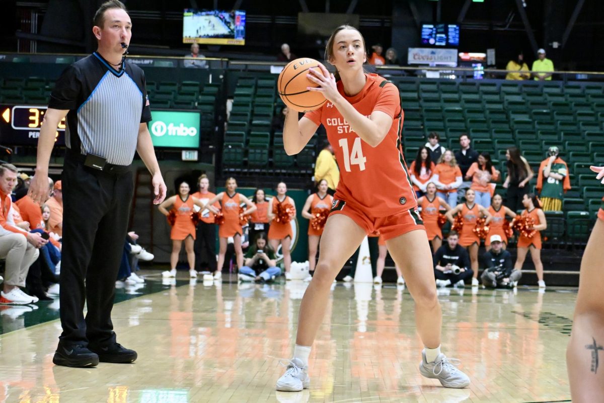 Marta Leimane (14) goes to pass a ball to her teammate in Colorado State University’s home game against Grand Canyon University Jan. 21. CSU won 67-50.