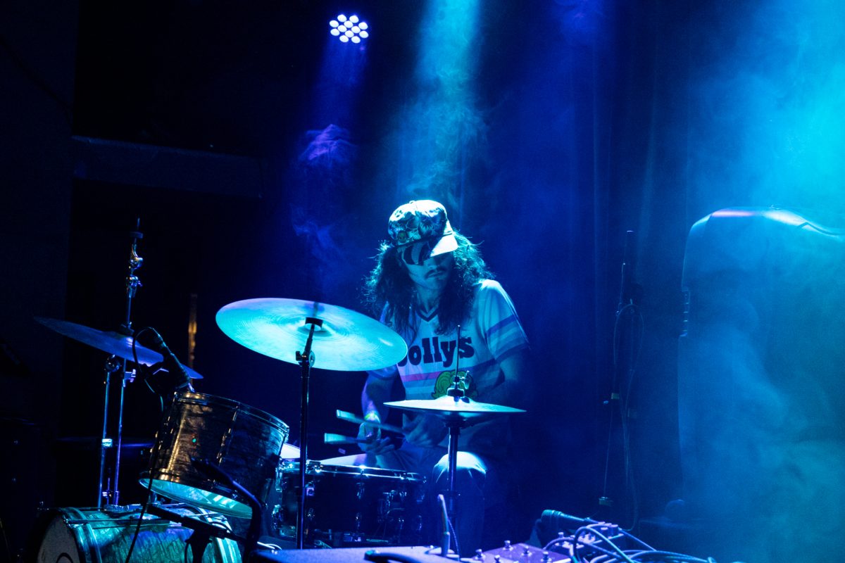 Cooper Long plays drums for band Pet Leslie at the Sound Bar Jan. 30. The band performed alongside Colorado bands Mystee and Blankslate to celebrate the 20th anniversary of FoCo Roller Derby. 