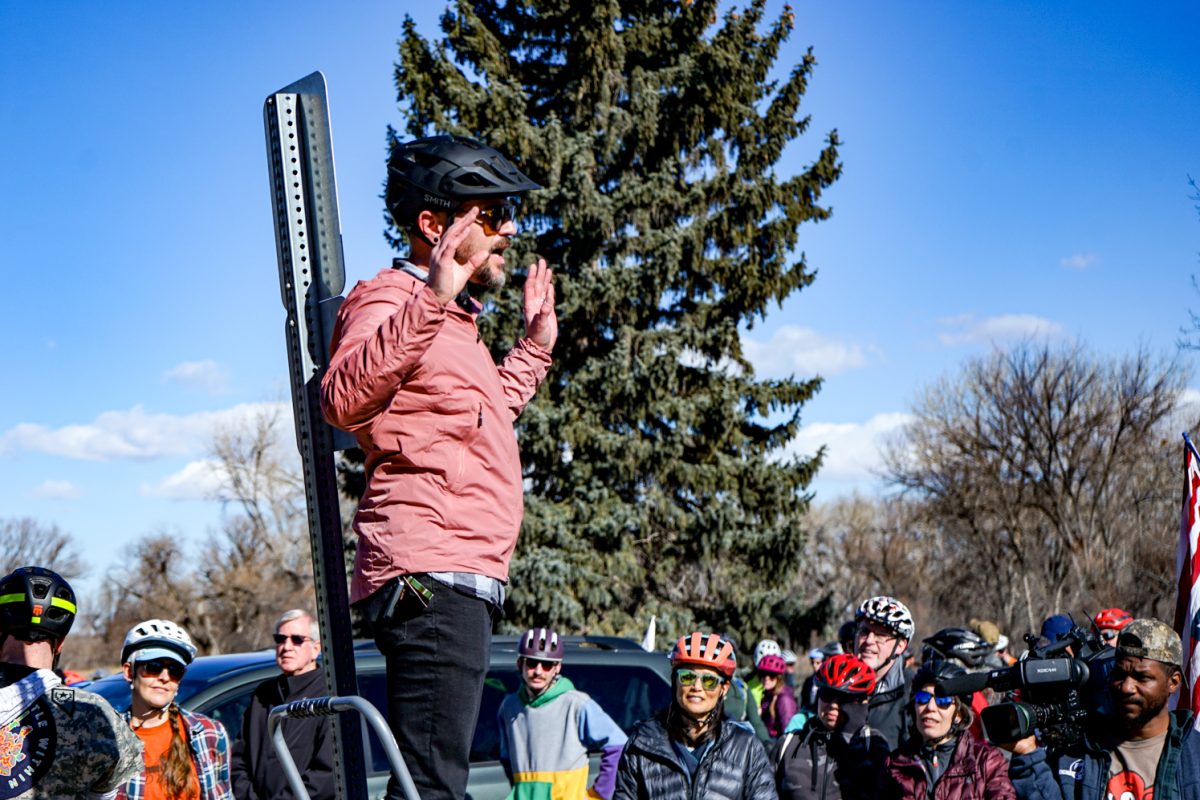 Alex Maltese addresses a crowd of cyclists gathered before a ride honoring Alex Pretti at Lee Martinez Park in Fort Collins Jan. 29, 2026.