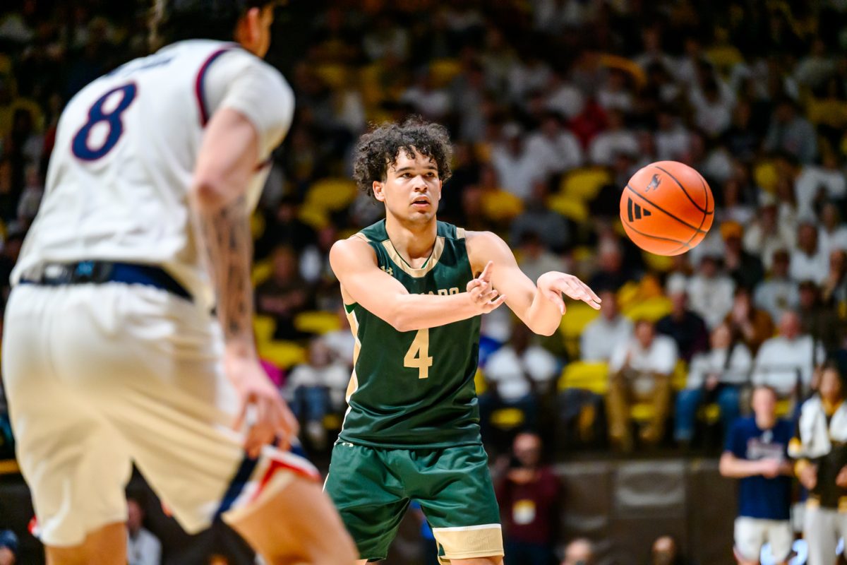 Colorado State University men's basketball guard Jase Butler (4) passes to a teammate during CSU's game against the University of Wyoming Jan. 31. Butler tallied seven points and five personal fouls during the game. 