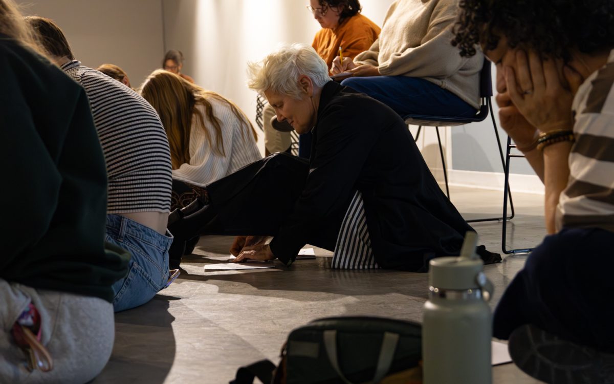 Ann Hamilton works with students to write down and discuss their processes of making art Feb. 9. The workshop took place in the CSU Hatton Gallery, a space usually filled with art but stayed empty for the workshop, allowing students to explore bare spaces, as Hamilton is best known for her large-scale installations.