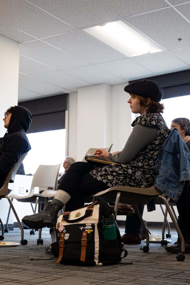 Natalia Sperry, a MFA student of Poetry at CSU, listens and takes notes during the Ann Hamiltion’s guest lecture, Feb. 10. At the end of the event Beachy-Quick facilitated time for community sharing at literature, where anyone in the audience was welcomed to take a quote or short piece from literature and share out loud. 