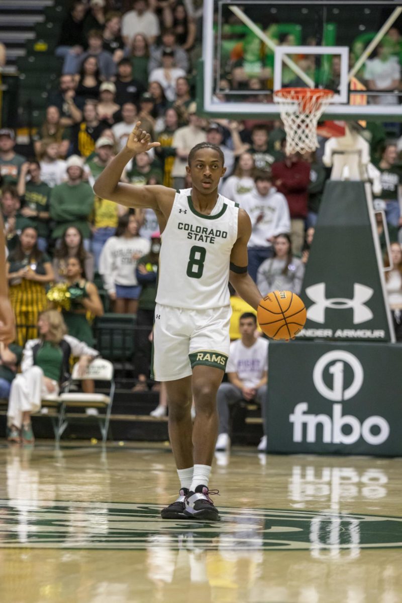 Colorado State University men's basketball guard Jojo McIver (8) dribbles the ball during CSU's game against San Jose State University Feb. 7. 